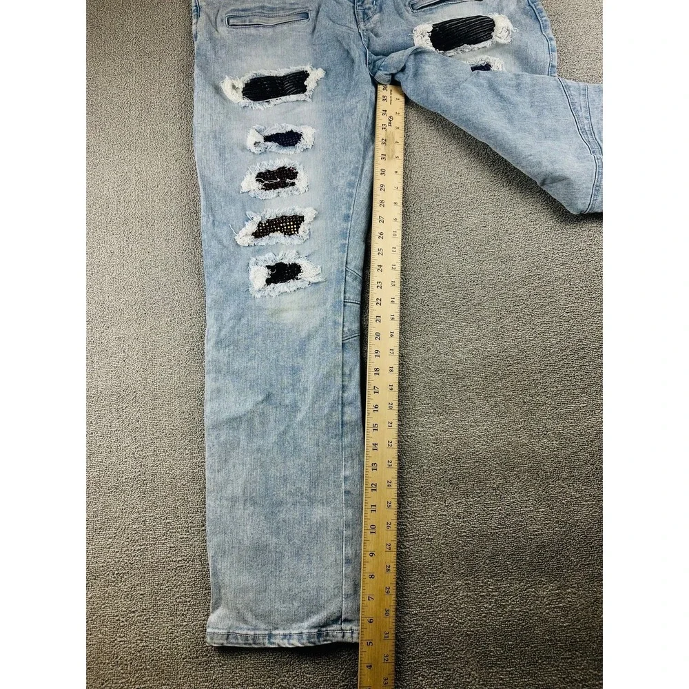 Focus Jeans Men 44 Blue Slim Biker Moto Distressed‎ Patched Biker Moto Hip Hop